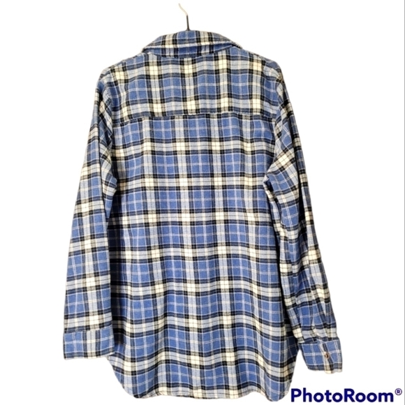 Blue plaid soft flannel tunic length long sleeve button front shirt - Picture 3 of 8